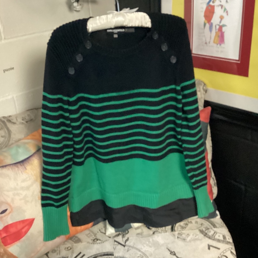 Women’s Striped Green and Black Button-Shoulder Sweater
